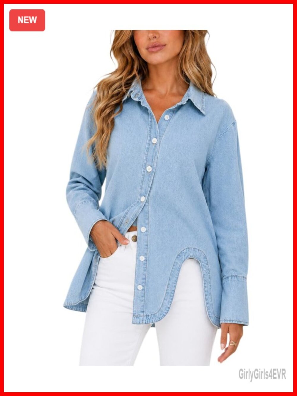 Kedera Women Oversized Denim Button Down Shirt Asymmetrical Hem Cotton Poly